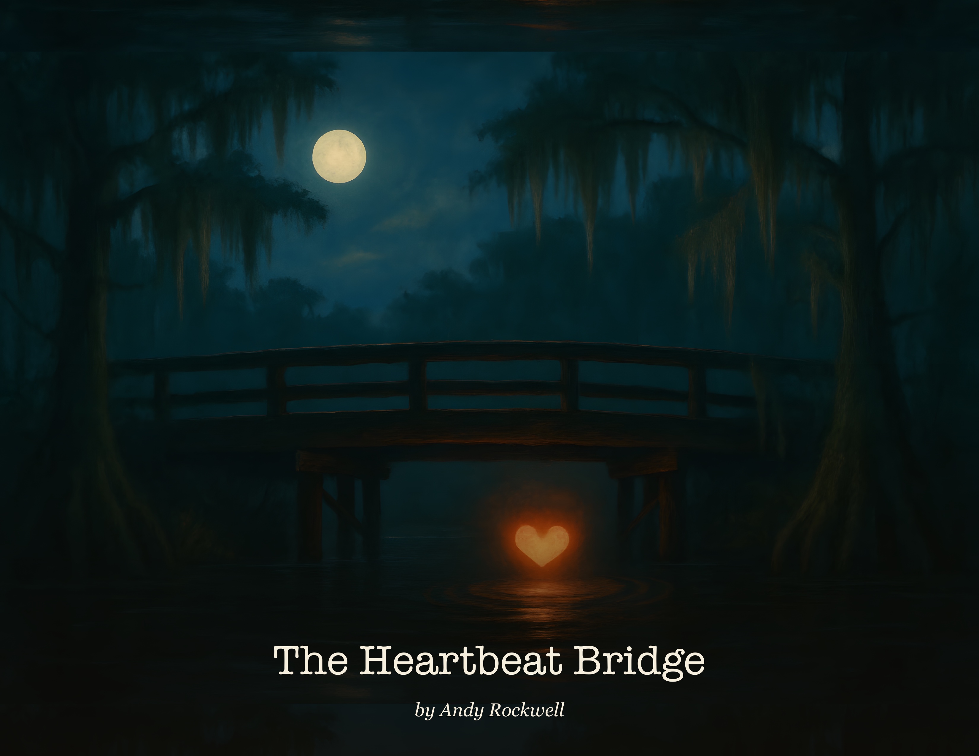 Cover of The Heartbeat Bridge: an old wooden bridge over black swamp water at night, cypress and Spanish moss all around, a warm glow rising from beneath.