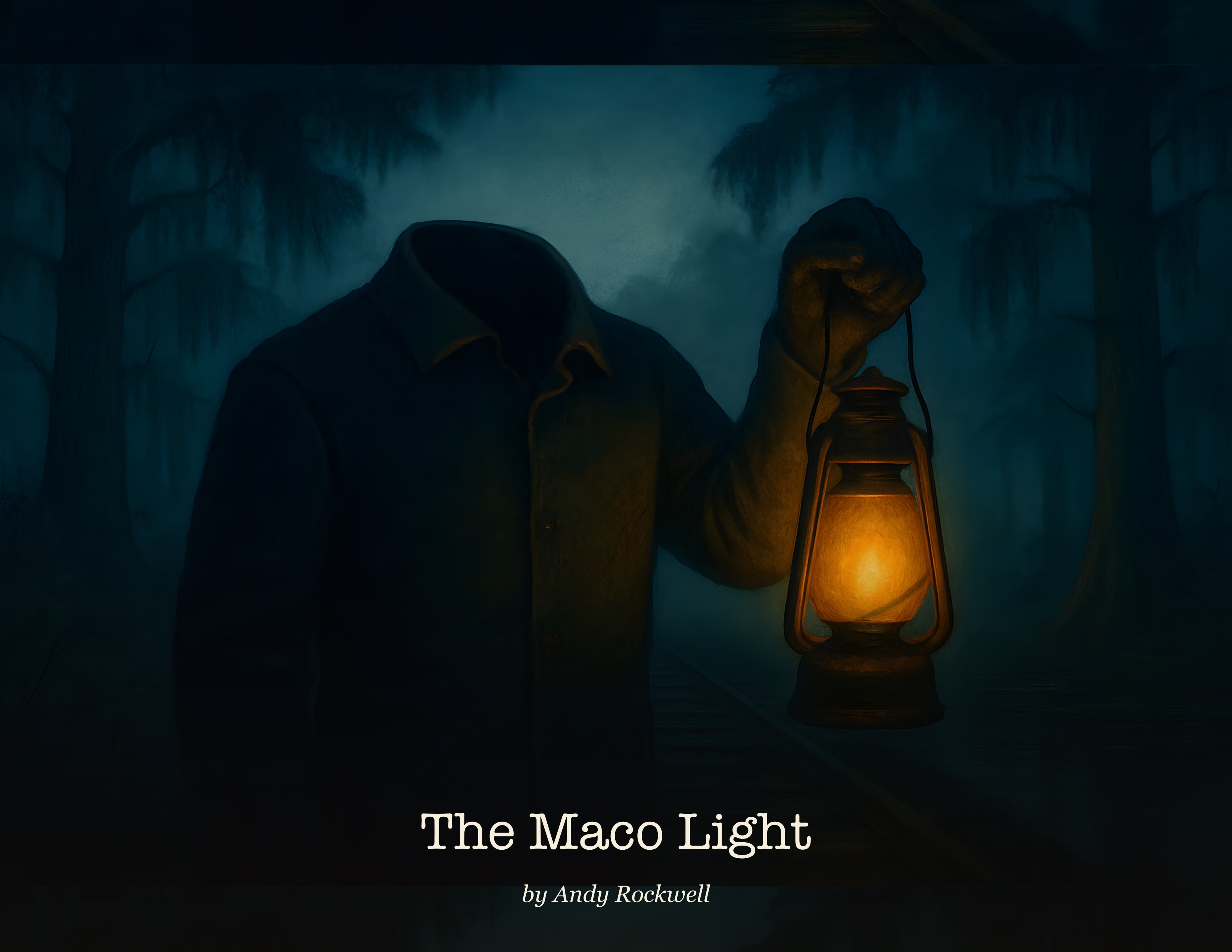 Cover of The Maco Light: a railroad man's amber lantern glowing on a dark stretch of track through the pinewoods at night.